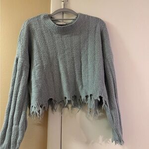 Cozy Frayed Hem Sweater - Light Blue